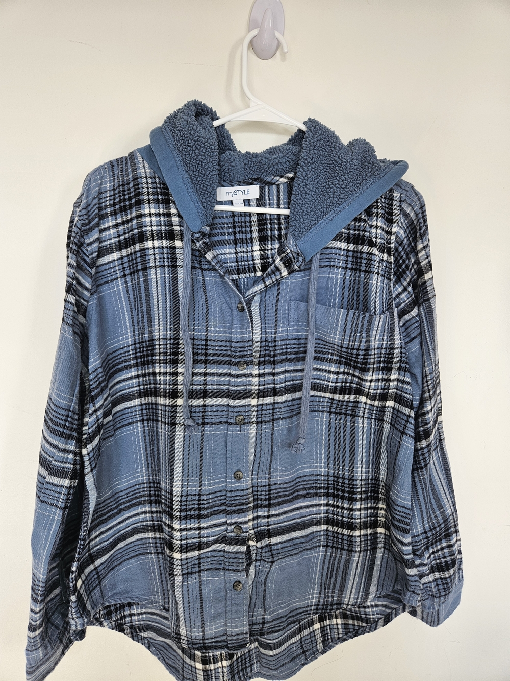 [3/25ou5/35]🔥MyStyle Blue Plaid Hooded Flannel Shirt Sherpa Lined Hood XL🔥